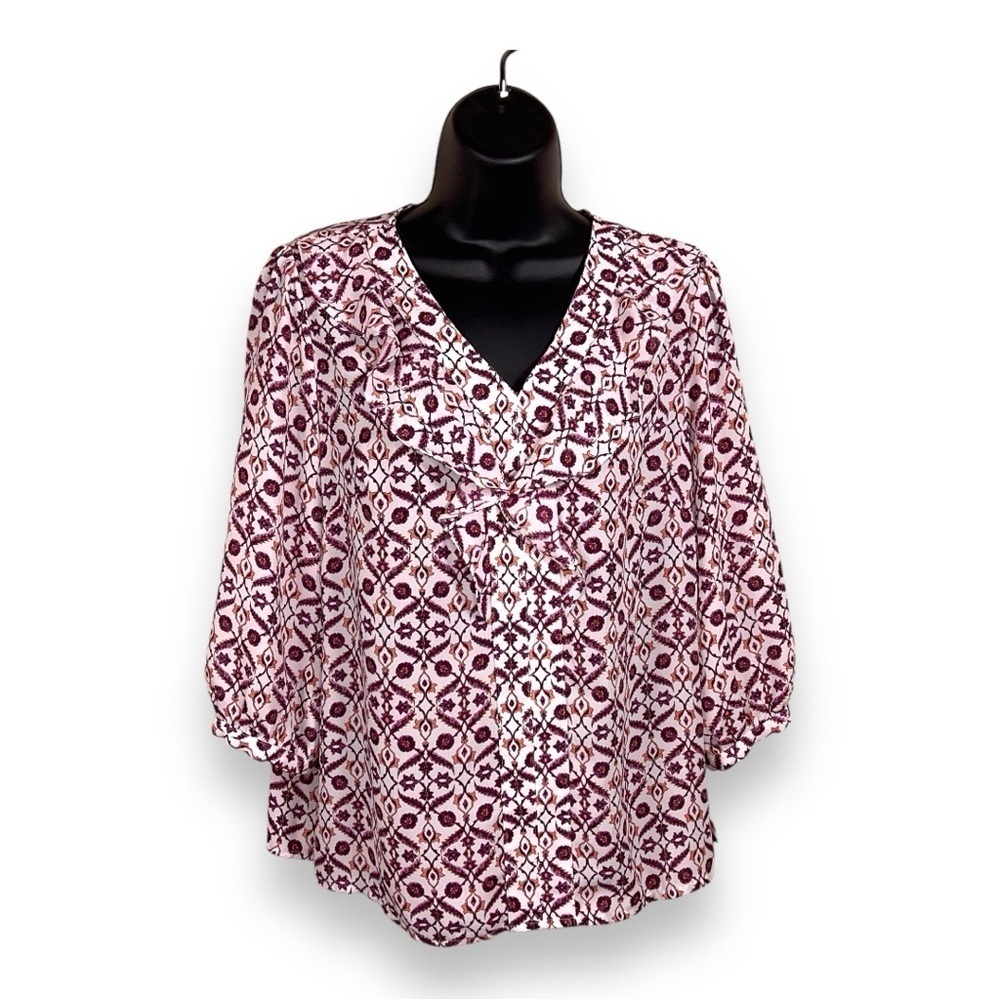XS LIZ CLAIBORNE BLOUSE RUFFLE ACCENT BOHO BOHEMIAN WHITE PURPLE